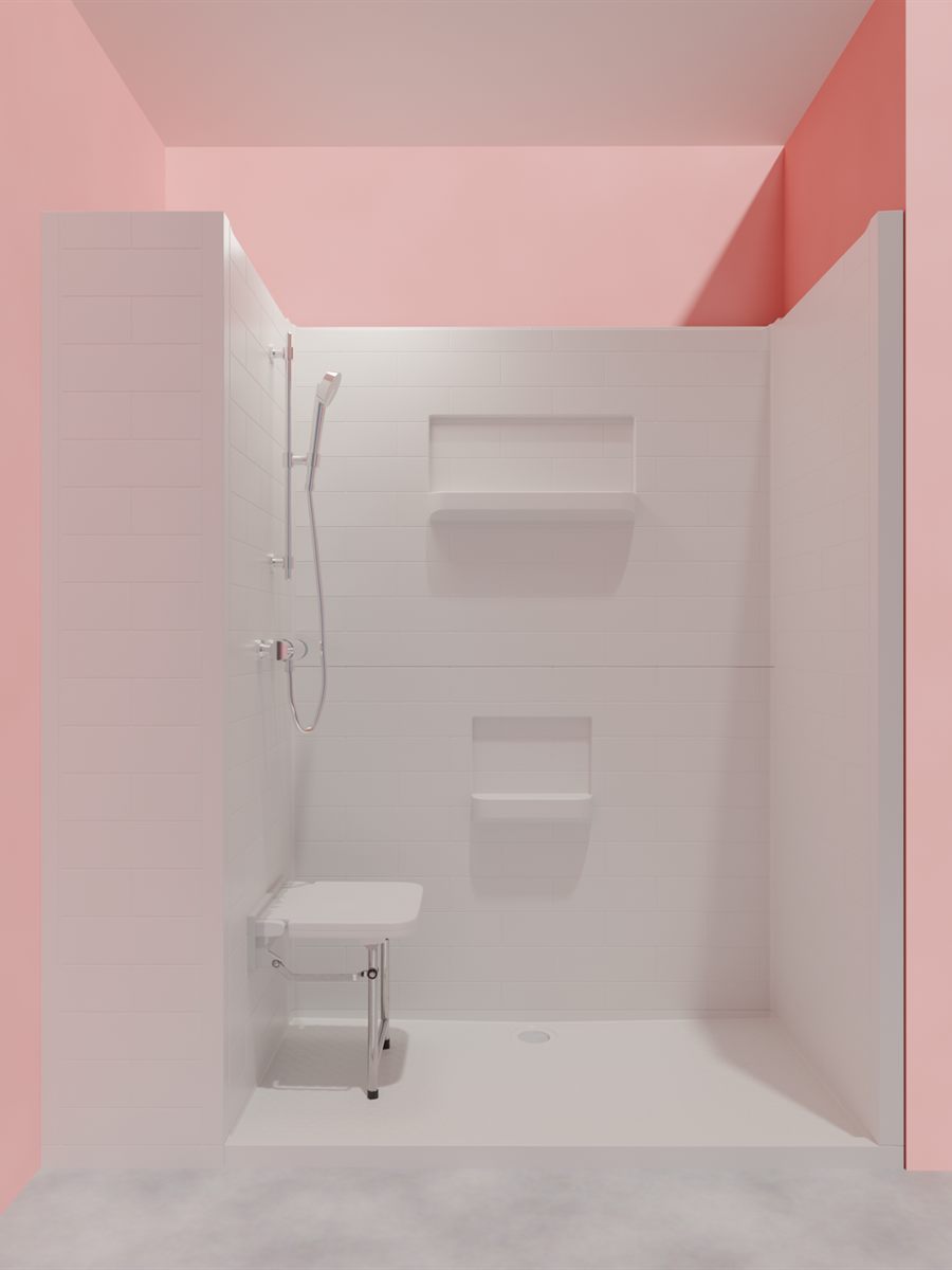Blender-Render: geflieste Duschnische mit Klappsitz und Brausearmatur vor rosa Wand, ohne Glasabtrennung