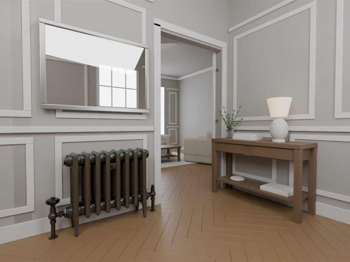 Blender-Render: gusseiserner Gliederheizkörper in einem grau gerenderten Flur, ohne Licht- und Materialbearbeitung