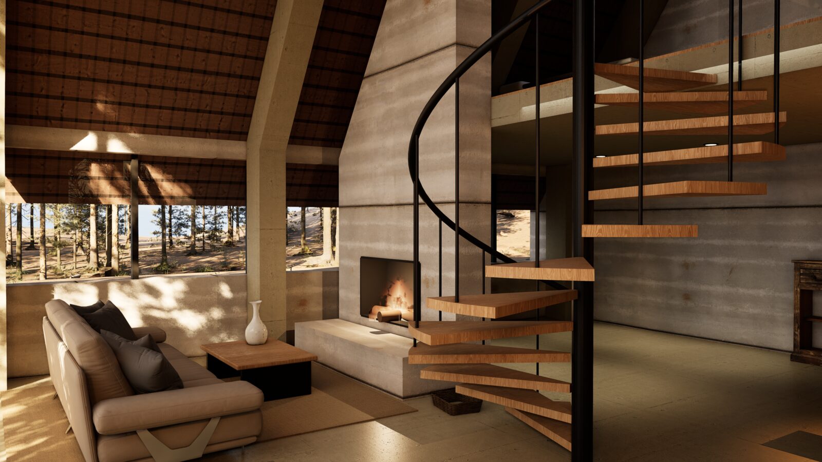 3D-Visualisierung: Sitzecke am Kamin neben der Wendeltreppe