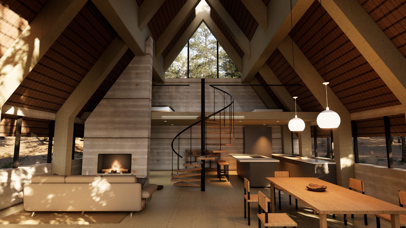 3D-Visualisierung: offener Wohnraum im A-Frame-Haus mit Sichtbeton, Holzdecke, Wendeltreppe, Kamin und Esstisch