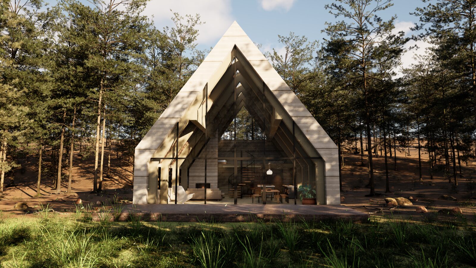 3D-Visualisierung: A-Frame-Haus mit Sichtbeton und Glasgiebel im Pinienwald, tiefe Abendsonne