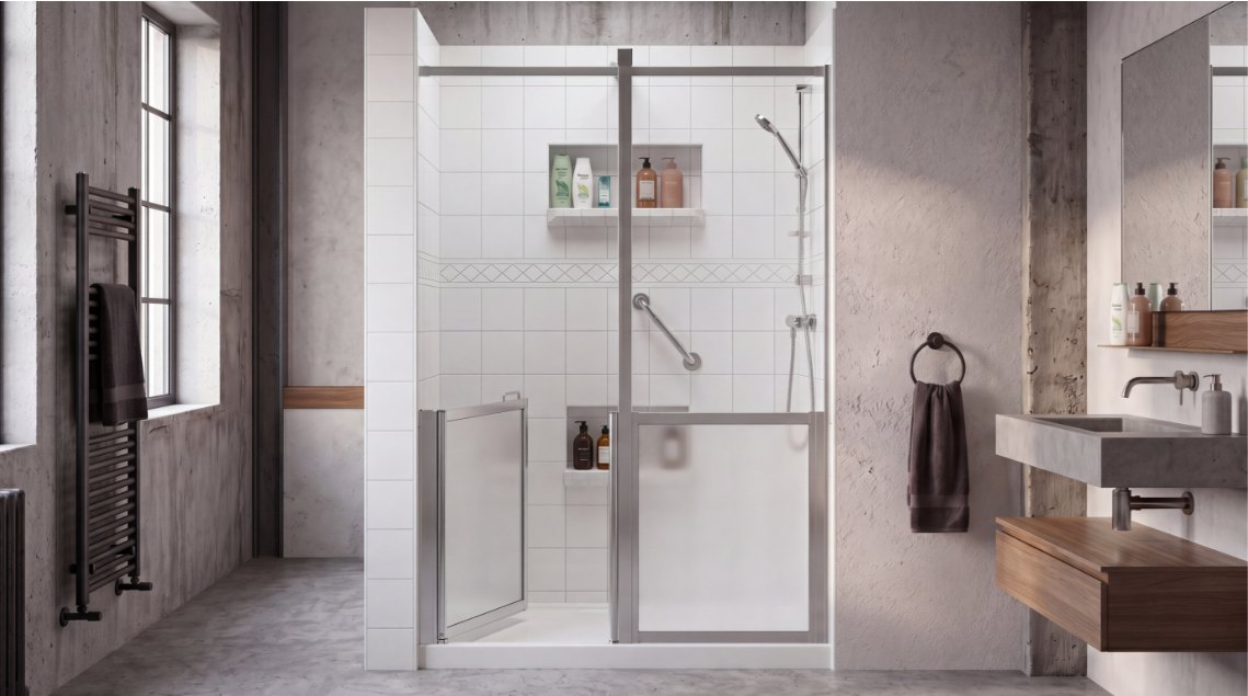 Begehbare Dusche — AI-Produktvisualisierung Bad & Sanitär