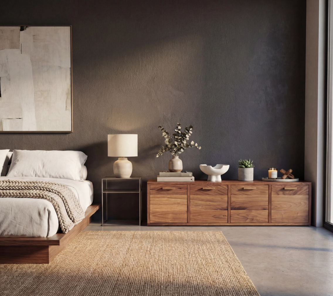 Schlafzimmer mit dunkler Wand, Massivholz-Sideboard und Nachttisch — AI-Lifestyle-Szene