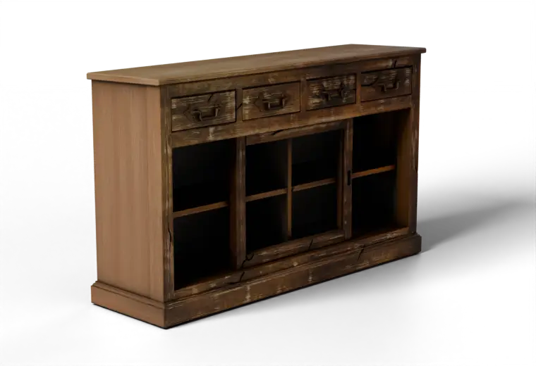 The Fjord Sideboard — rustikales Sideboard aus massivem Holz mit vier Schubladen, offenen Fächern und Sockelfuß