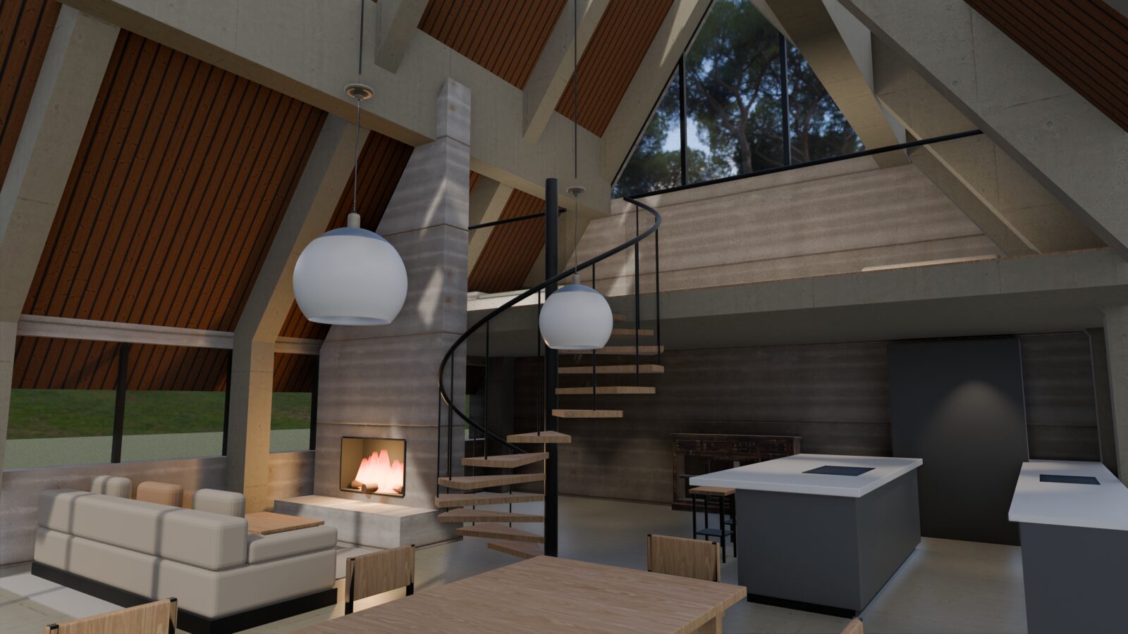 Blender-Render: A-Frame-Haus innen mit Betonrahmen, Holzdecke, Wendeltreppe, Kamin, Küche und Esstisch, noch ohne Licht- und Materialfeinschliff