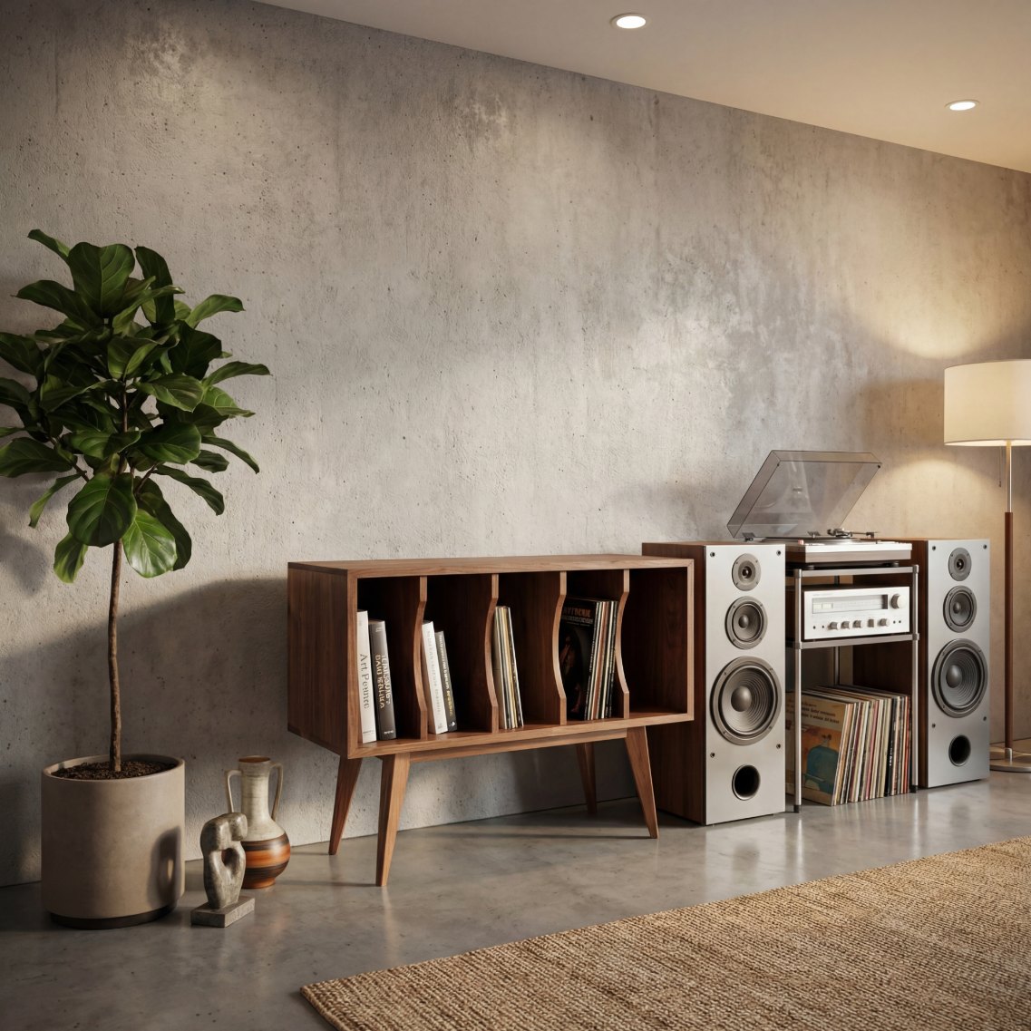 Mid-Century Sideboard mit Plattenspieler — AI-Lifestyle-Szene