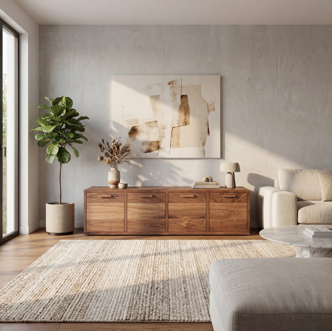 Wohnzimmer mit Massivholz-Sideboard und abstraktem Kunstwerk
