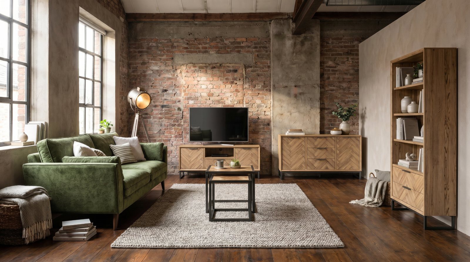 Industrieller Loft-Wohnraum mit grünem Sofa, Backsteinwand und Eiche-Sideboard — AI-Lifestyle-Szene