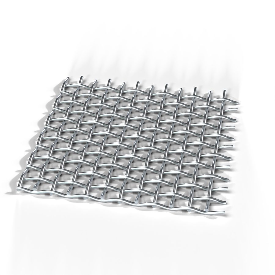 3D-Render: verzinktes Drahtgewebe mit 2 mm Maschenweite, schräg von oben auf weißem Grund