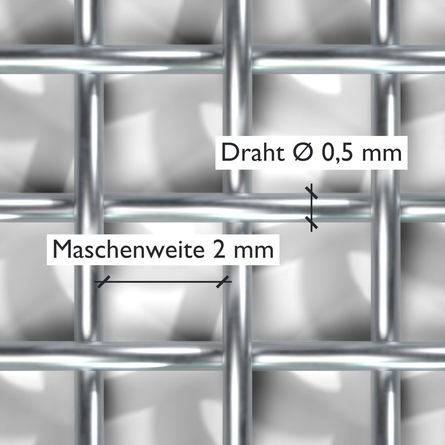 3D-Render: Draufsicht auf das Gewebe mit eingezeichneten Maßlinien für Maschenweite 2 mm und Drahtdurchmesser 0,5 mm