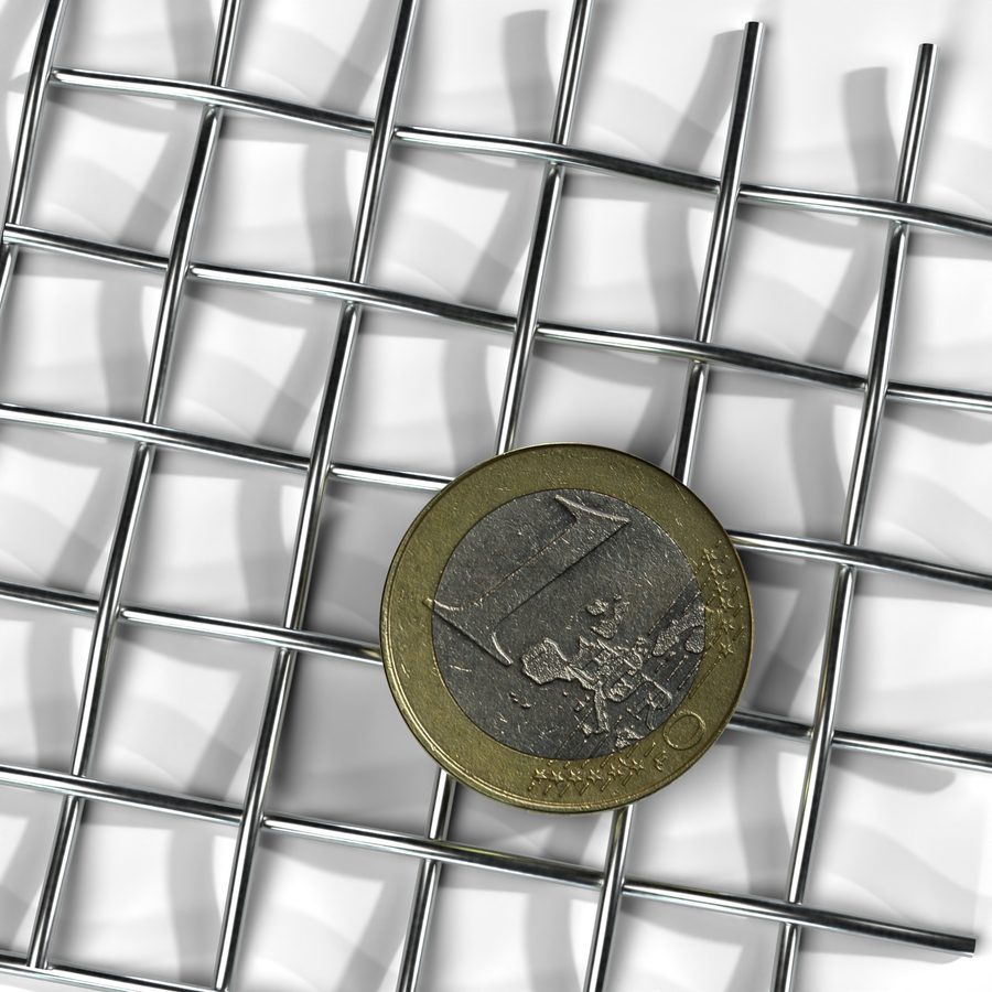 3D-Render: Edelstahl-Drahtgewebe mit 10 mm Maschenweite, darauf eine 1-Euro-Münze als Größenvergleich