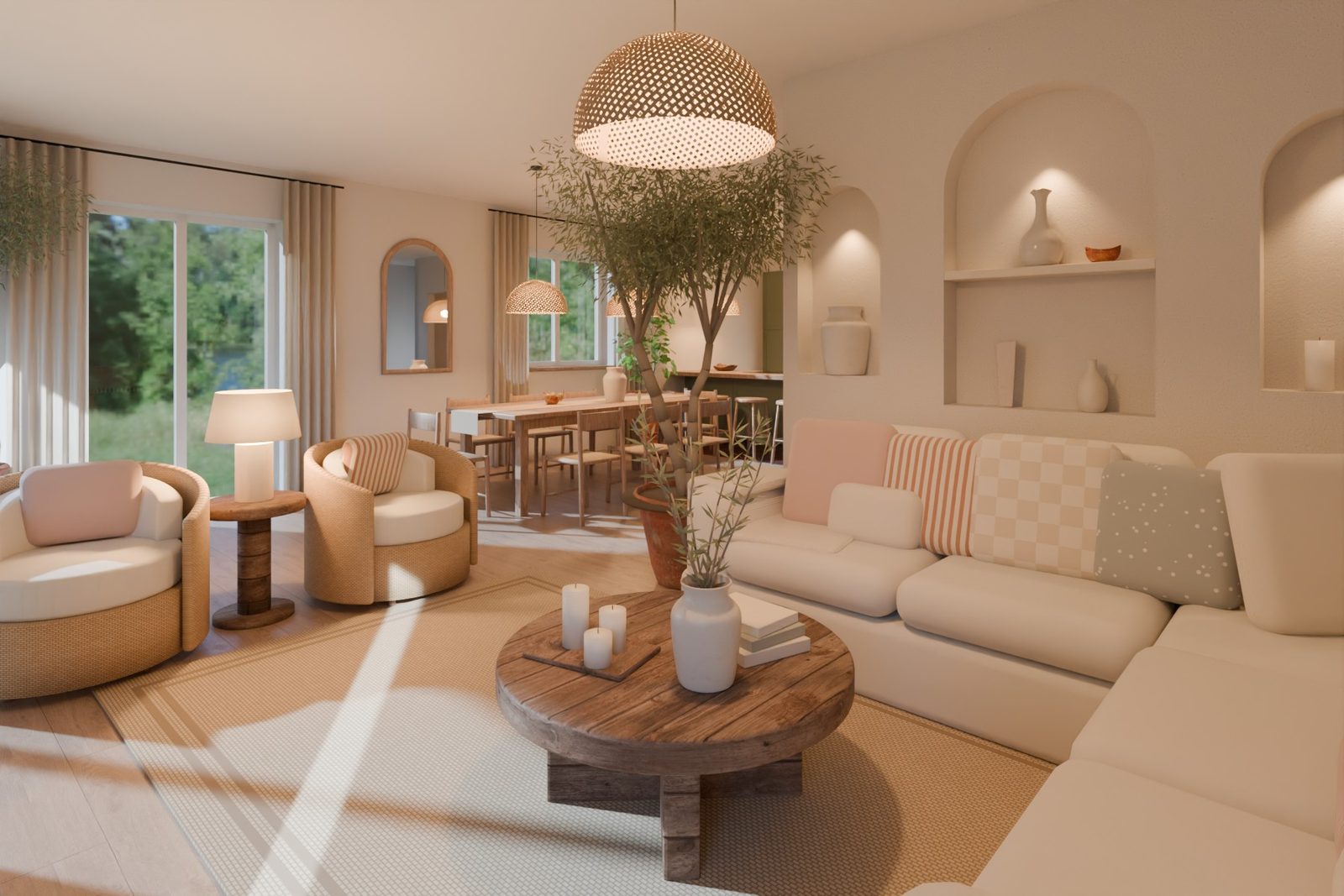 3D-Visualisierung: offener Wohnraum mit L-Sofa, rundem Holztisch, Olivenbaum und Bogennischen, Tageslicht