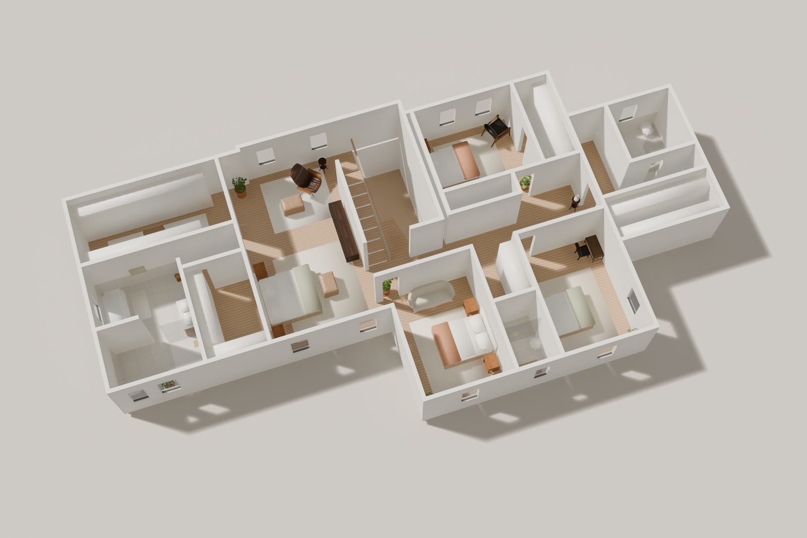 3D-Schnitt von oben durch ein ganzes Obergeschoss mit Schlafzimmern, Bädern, Ankleide und Treppe, alle Räume möbliert