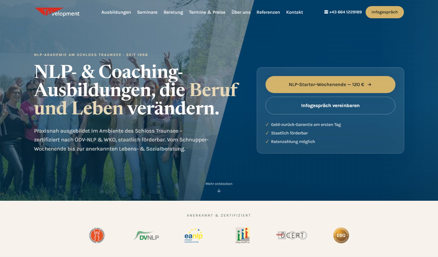 Website Trivelopment — NLP- und Coaching-Akademie am Schloss Traunsee